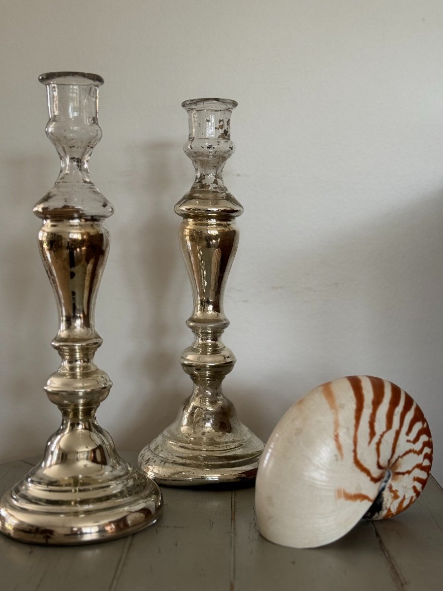 Old Pair Of églomisé Glass Candlesticks Early 19th Century Good Condition-photo-2