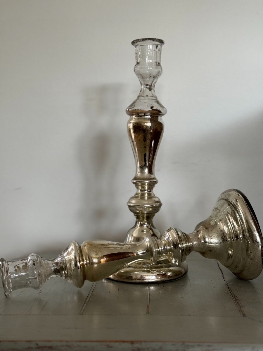 Old Pair Of églomisé Glass Candlesticks Early 19th Century Good Condition-photo-4