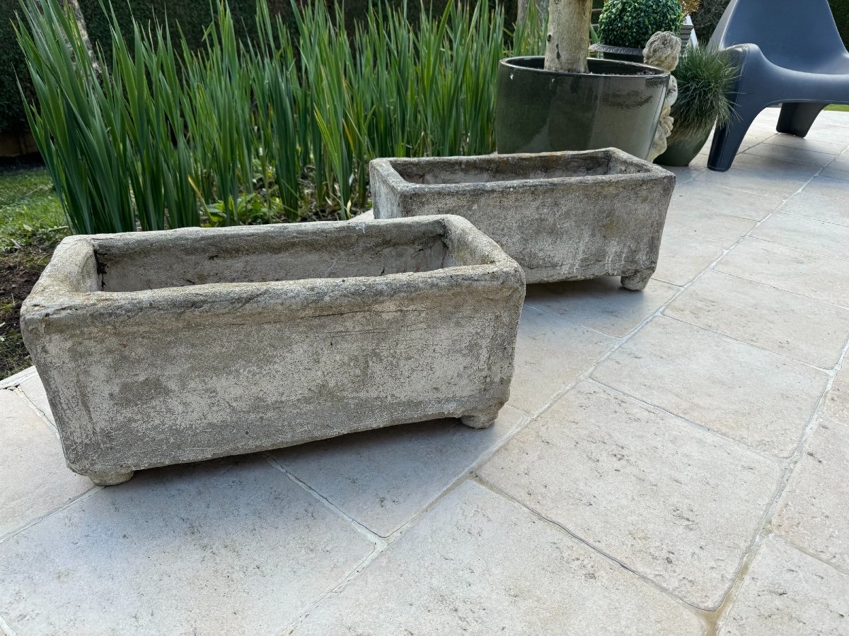 Old Pair Of Concrete Planters From The Mid-20th Century Outdoor Garden -photo-3