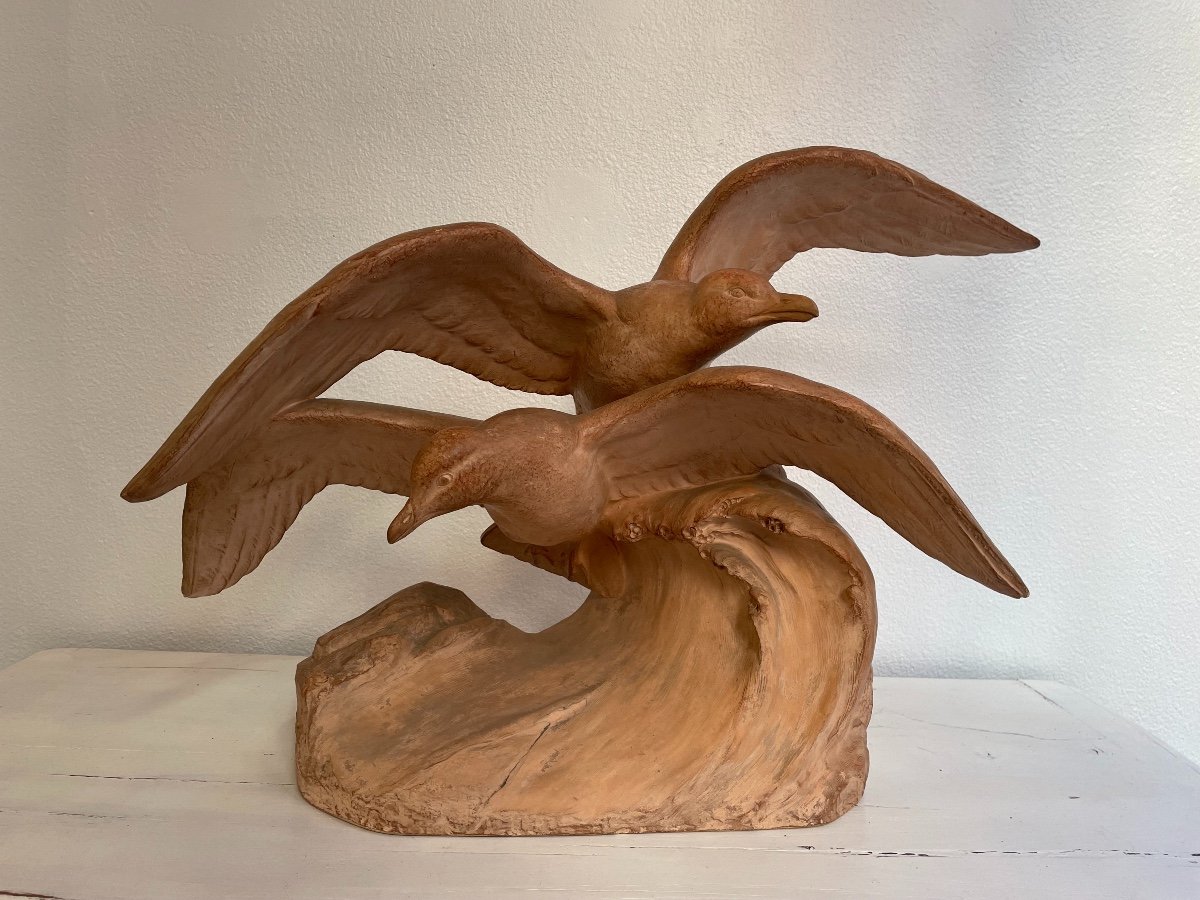 Old Terracotta Sculpture By H Bargas: The Seagulls On The Wave Art Deco Art Nouveau