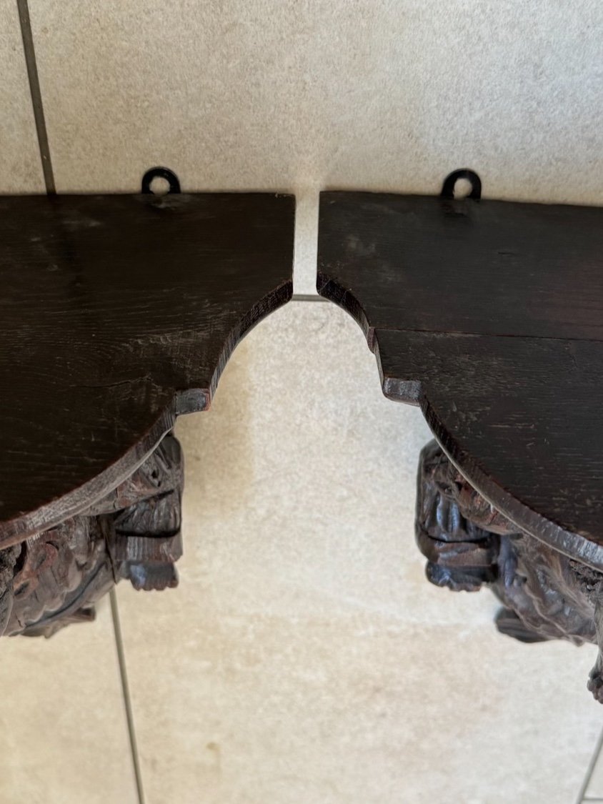 Old Pair Of Consoles Of Sconces In Carved Wood XIX Eme Wall Shelf Dlg Flemish XVII -photo-2