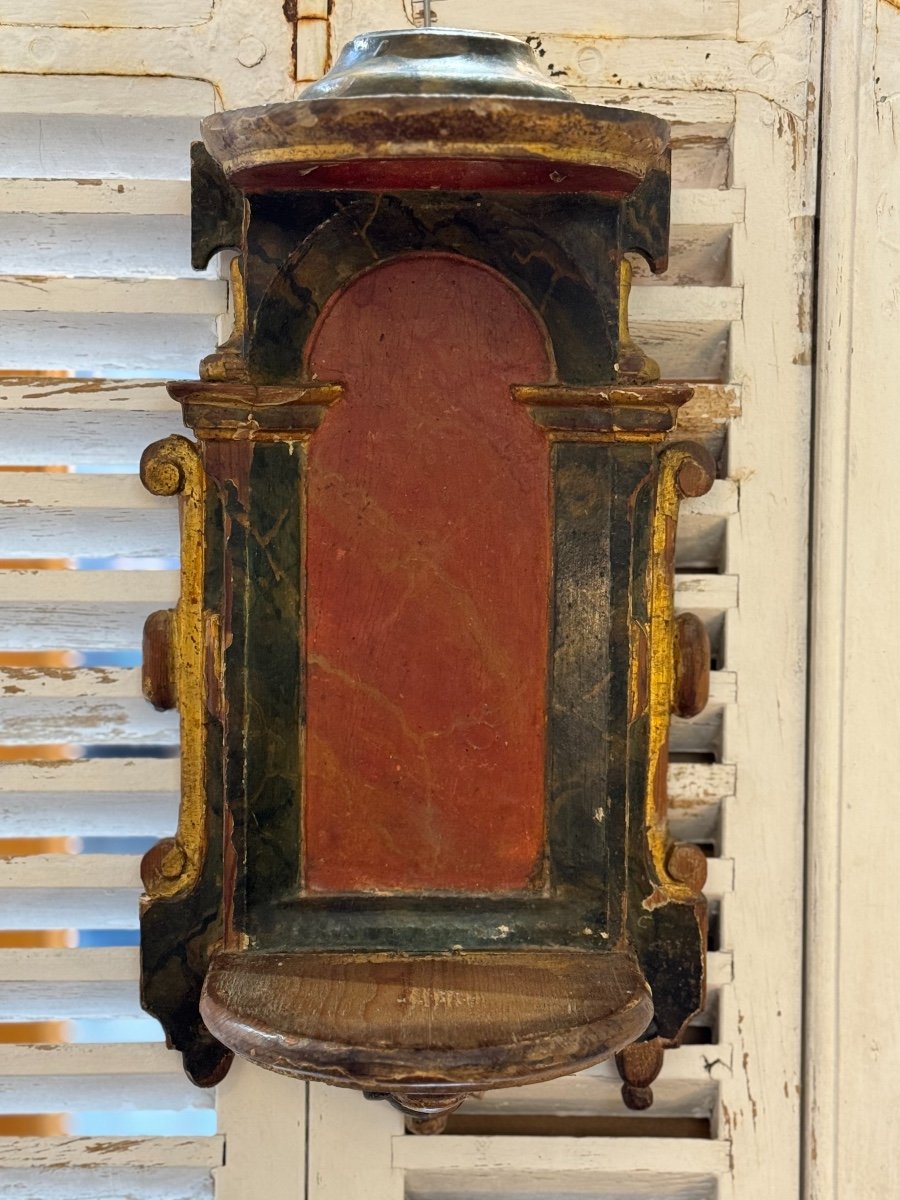 Rare Niche Ancienne Avec Son évêque En Bois Doré Et Polychrome Art Sacré Fin XVII Siècle-photo-4