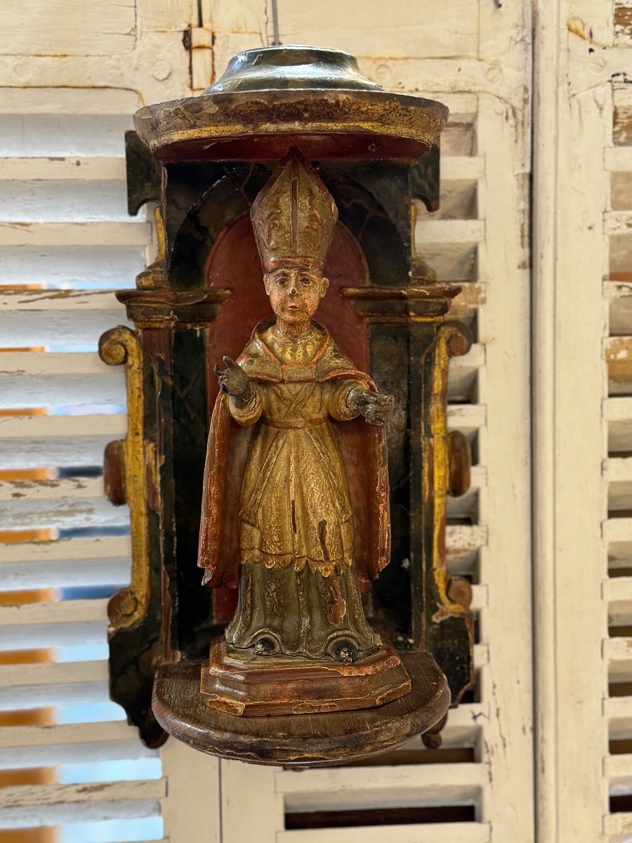 Rare Niche Ancienne Avec Son évêque En Bois Doré Et Polychrome Art Sacré Fin XVII Siècle