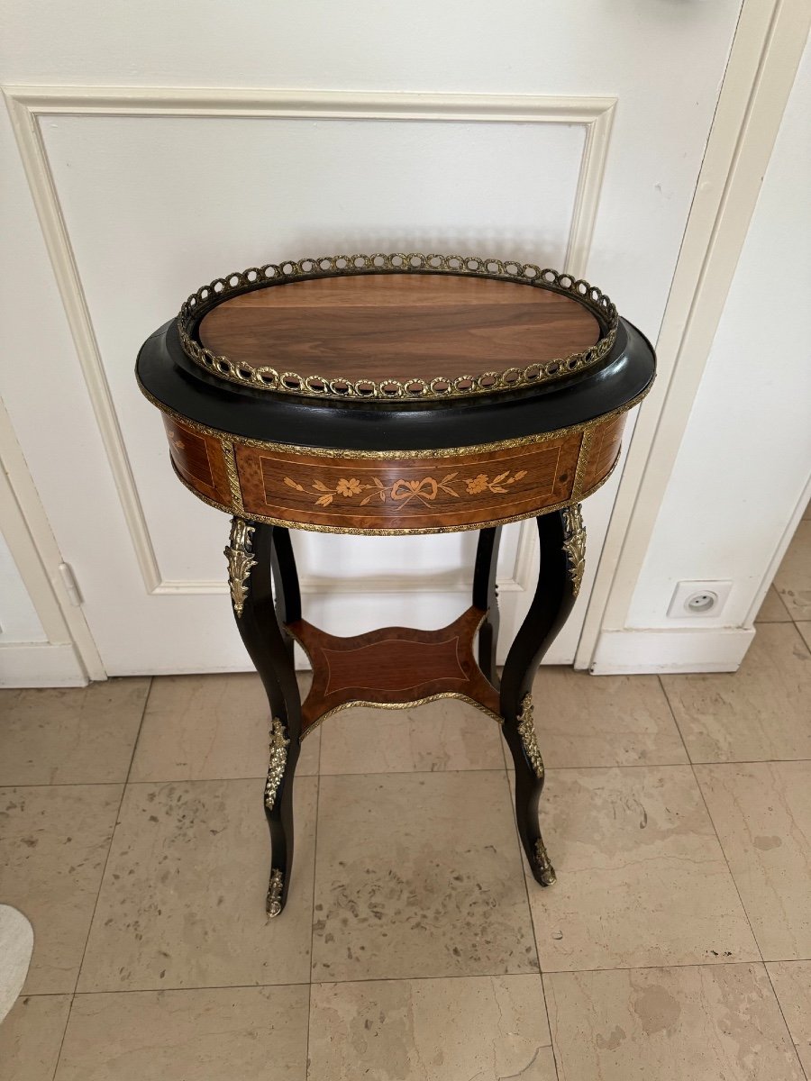 Inlaid Planter, In Thuya Veneer And Blackened Wood, Napoleon III Period Old Console-photo-7