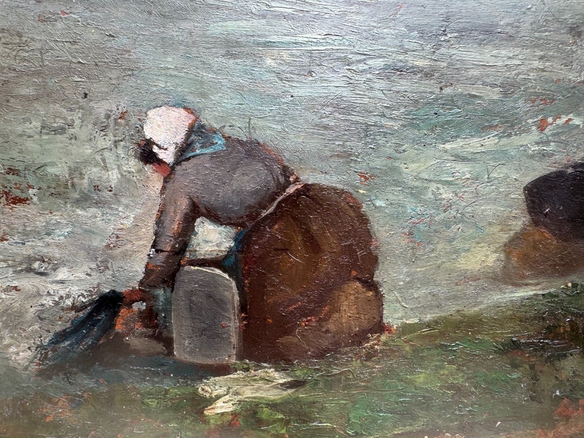 Ancien Tableau Pochade, Huile Sur Panneau Hsp  La Lavandière Vers 1900-photo-2