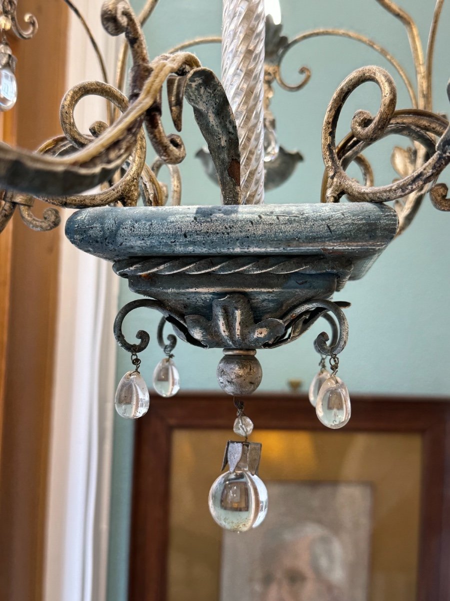 Old Tole And Tassel Chandelier Attributed To Maison Banci Firenze Tin Patina Charm-photo-3