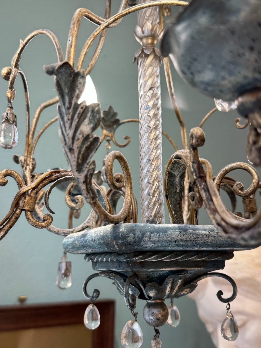 Old Tole And Tassel Chandelier Attributed To Maison Banci Firenze Tin Patina Charm-photo-4