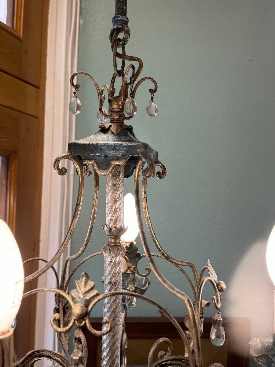 Old Tole And Tassel Chandelier Attributed To Maison Banci Firenze Tin Patina Charm-photo-2