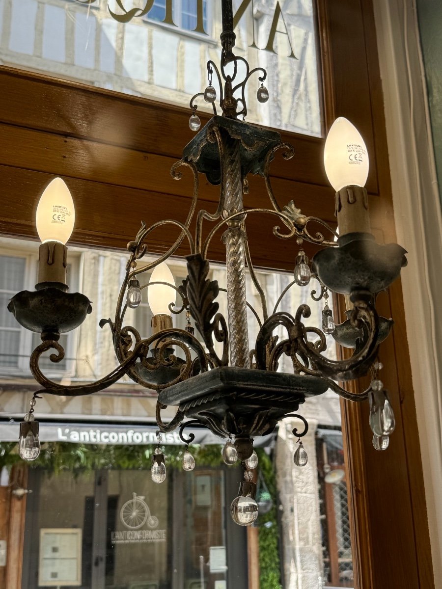 Old Tole And Tassel Chandelier Attributed To Maison Banci Firenze Tin Patina Charm-photo-5