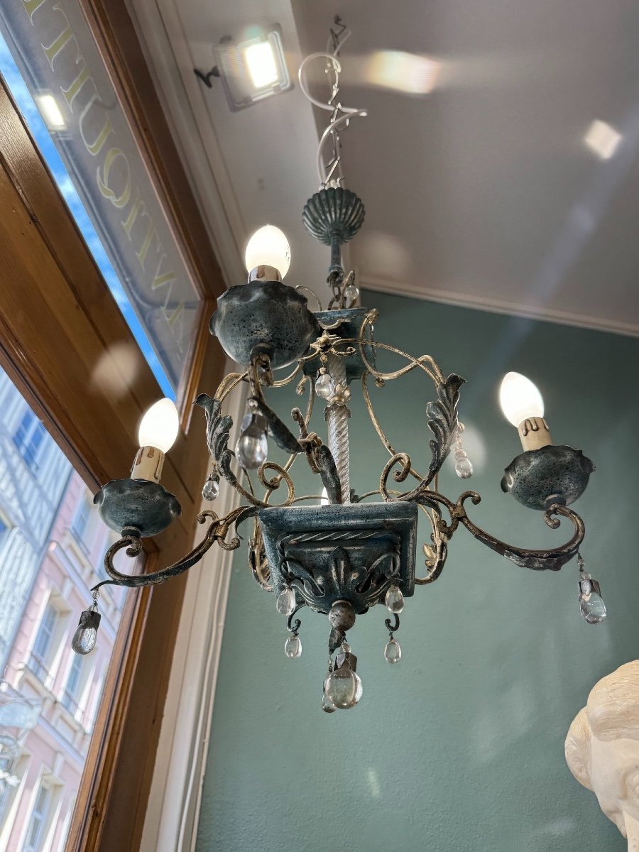 Old Tole And Tassel Chandelier Attributed To Maison Banci Firenze Tin Patina Charm-photo-6