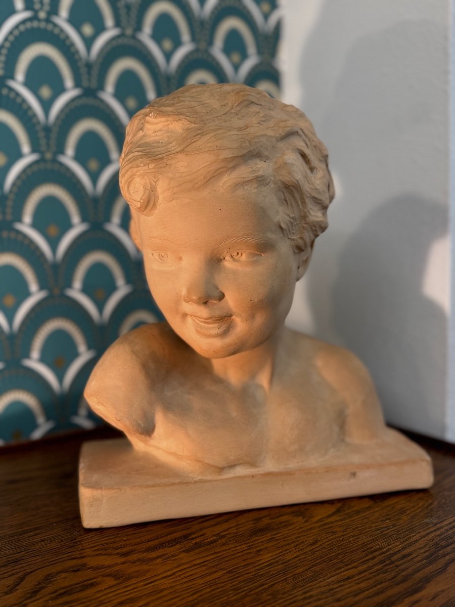 Old Terracotta Bust Of The Cheerful Child By U Cipriani Art Deco Circa 1930 -photo-2