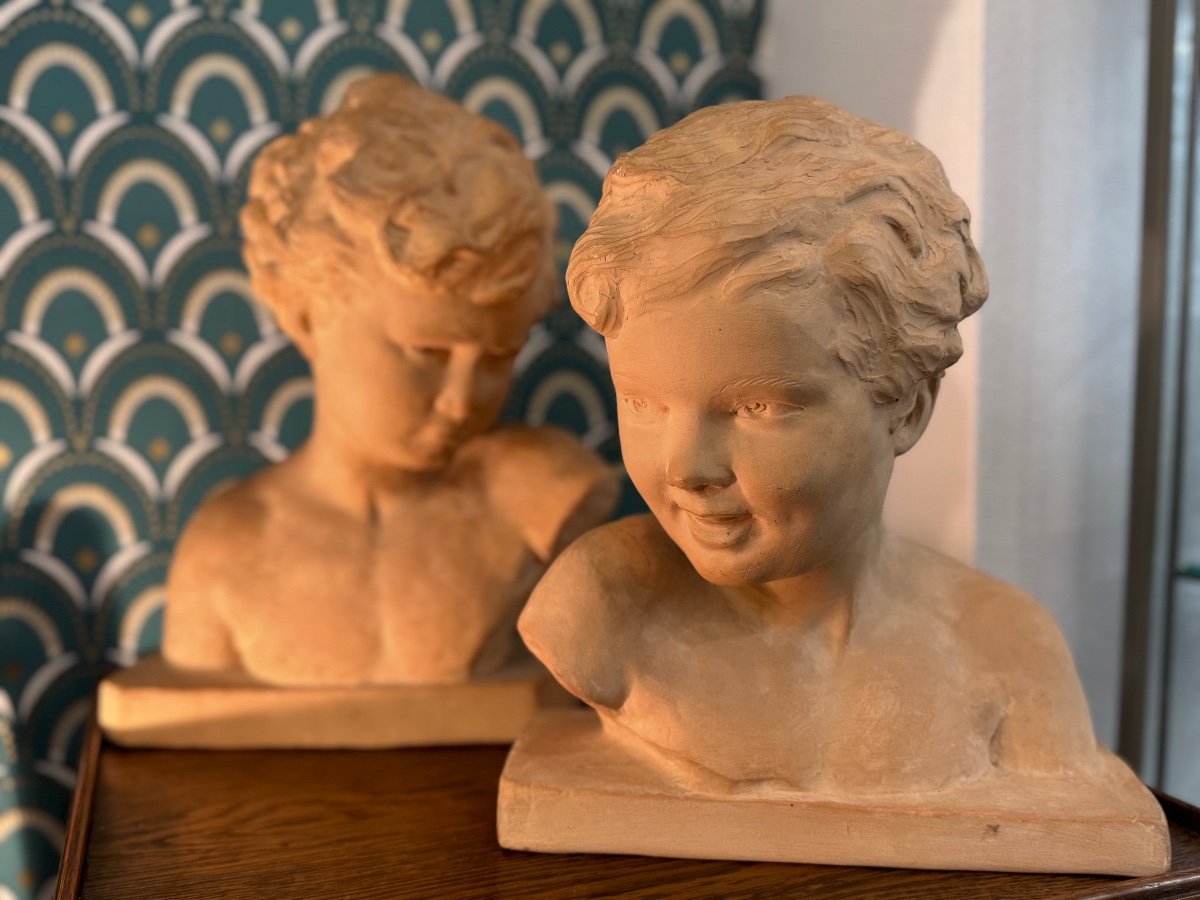 Old Terracotta Bust Of The Cheerful Child By U Cipriani Art Deco Circa 1930 -photo-1