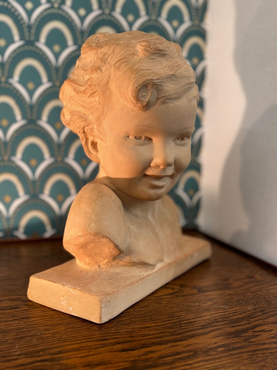 Old Terracotta Bust Of The Cheerful Child By U Cipriani Art Deco Circa 1930 -photo-4