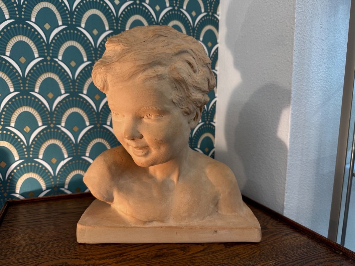 Old Terracotta Bust Of The Cheerful Child By U Cipriani Art Deco Circa 1930 