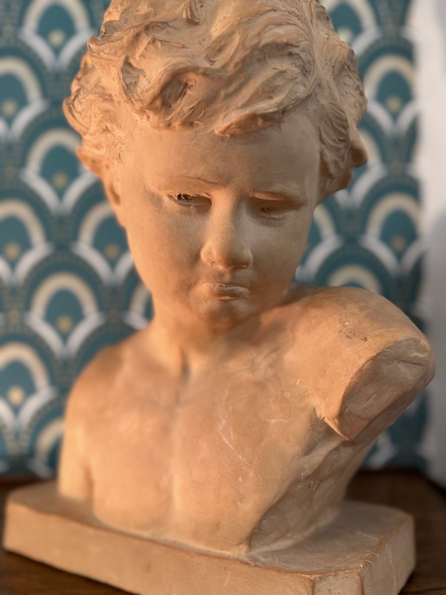 Old Terracotta Bust Of The Sad Child By U Cipriani Art Deco Circa 1930 -photo-2