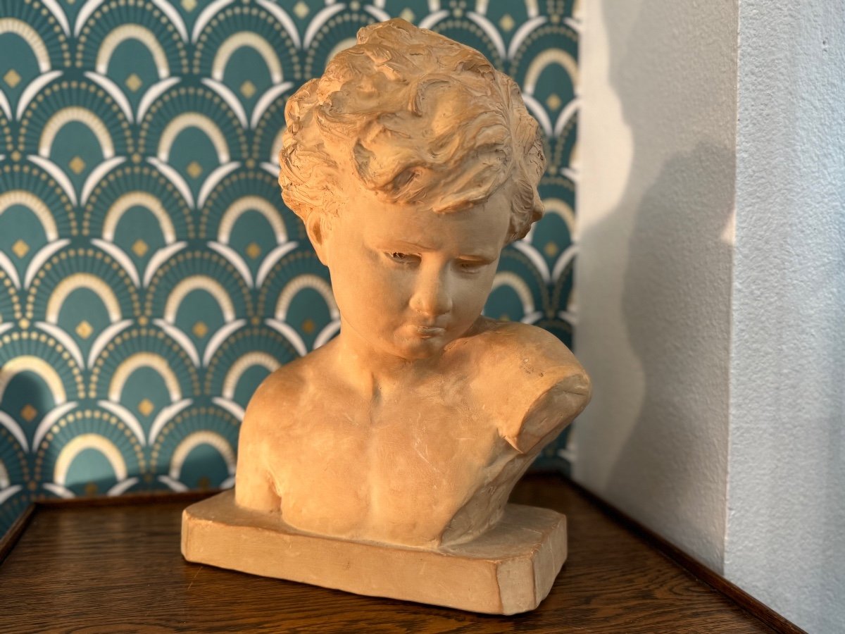 Old Terracotta Bust Of The Sad Child By U Cipriani Art Deco Circa 1930 