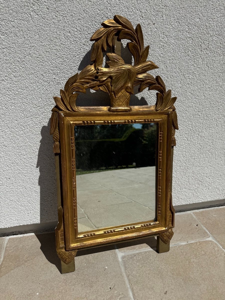 Old Small Louis XVI Fronton Mirror From The 19th Century In Patina And Golden Wood