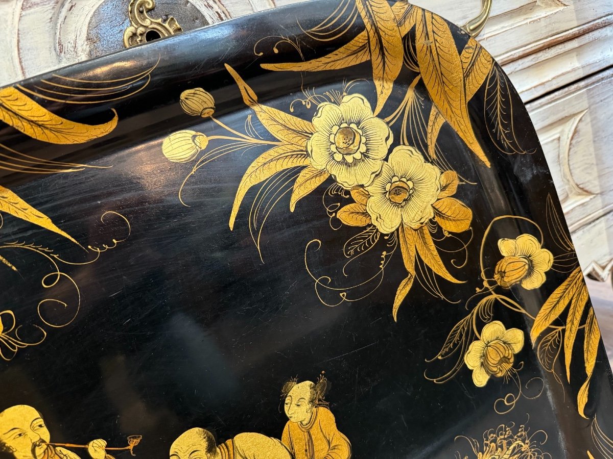 Old Tray In Painted Sheet Metal With Chinese Patterns Late 19th Century Enhanced With Chinese Gold -photo-3