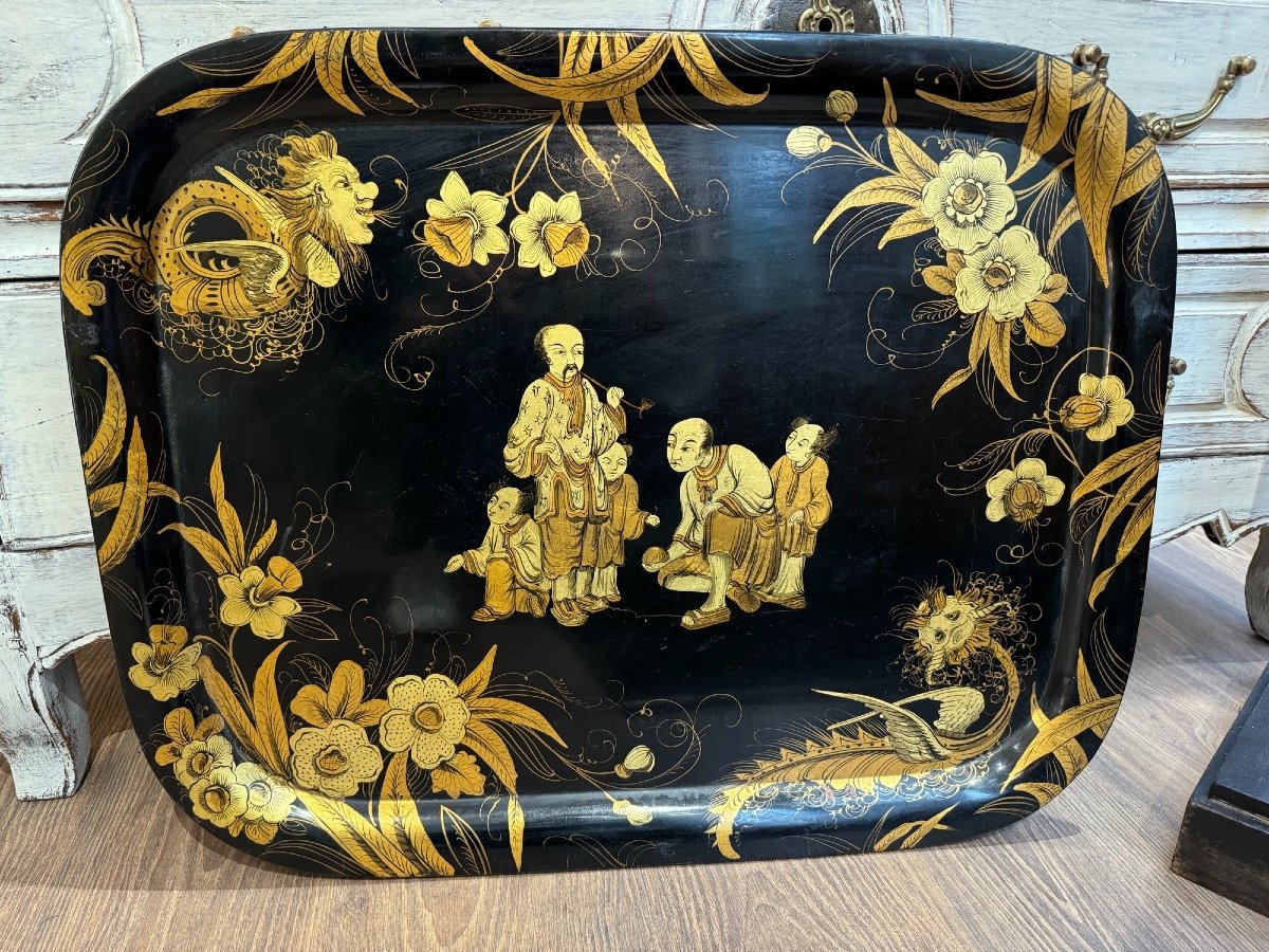 Old Tray In Painted Sheet Metal With Chinese Patterns Late 19th Century Enhanced With Chinese Gold -photo-2