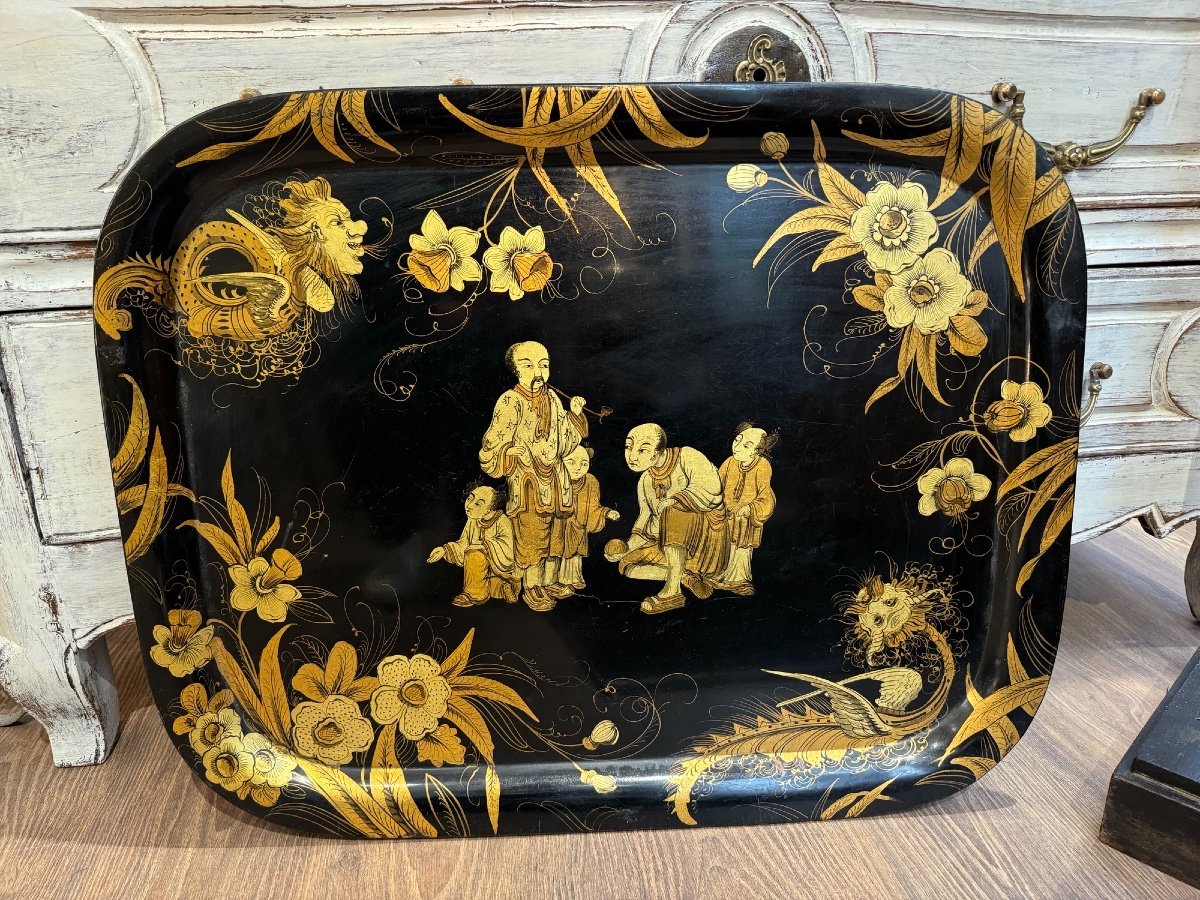 Old Tray In Painted Sheet Metal With Chinese Patterns Late 19th Century Enhanced With Chinese Gold 