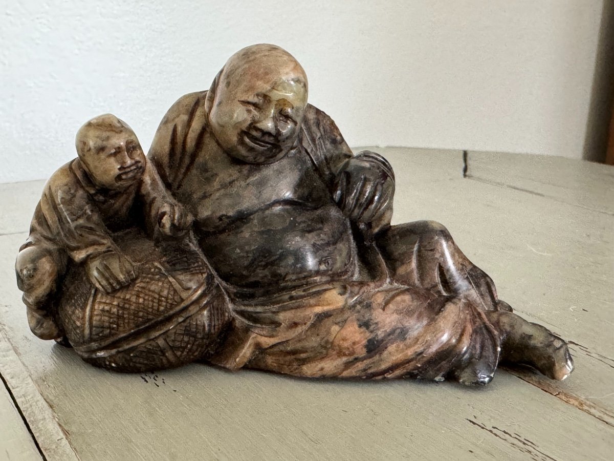 Old Buddha In Bacon/hard Stone Late 19th Eme China Chinoiserie Sculpture Showcase -photo-3