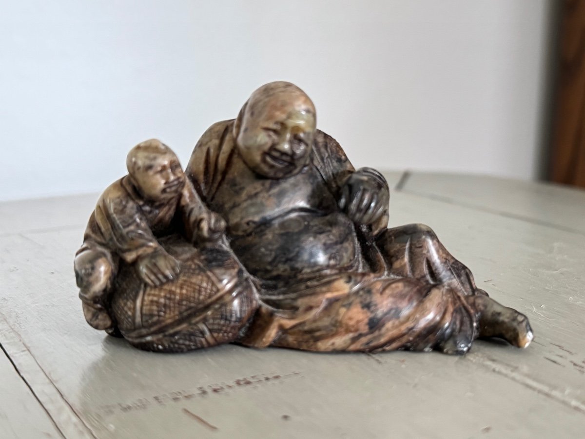 Old Buddha In Bacon/hard Stone Late 19th Eme China Chinoiserie Sculpture Showcase -photo-4