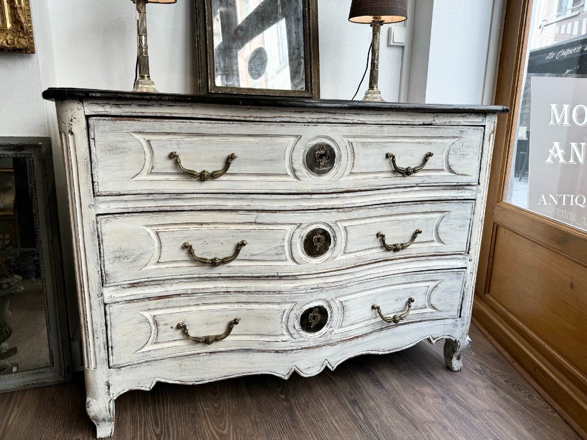 Old Louis XV Curved Commode From XVIII Eme Period Patinated In Rechampi Walnut Painted Furniture-photo-2