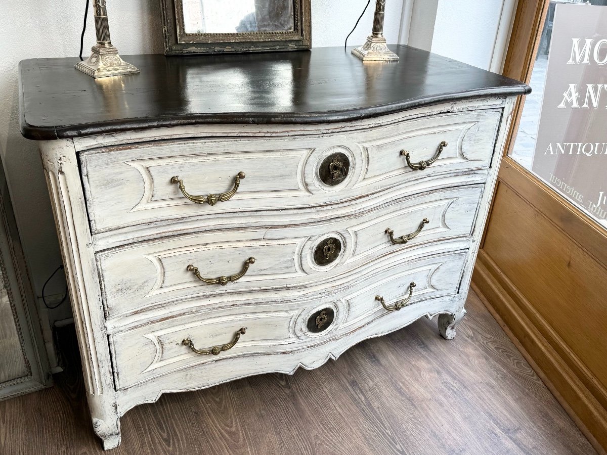 Old Louis XV Curved Commode From XVIII Eme Period Patinated In Rechampi Walnut Painted Furniture-photo-3