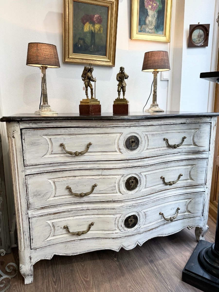 Old Louis XV Curved Commode From XVIII Eme Period Patinated In Rechampi Walnut Painted Furniture-photo-4