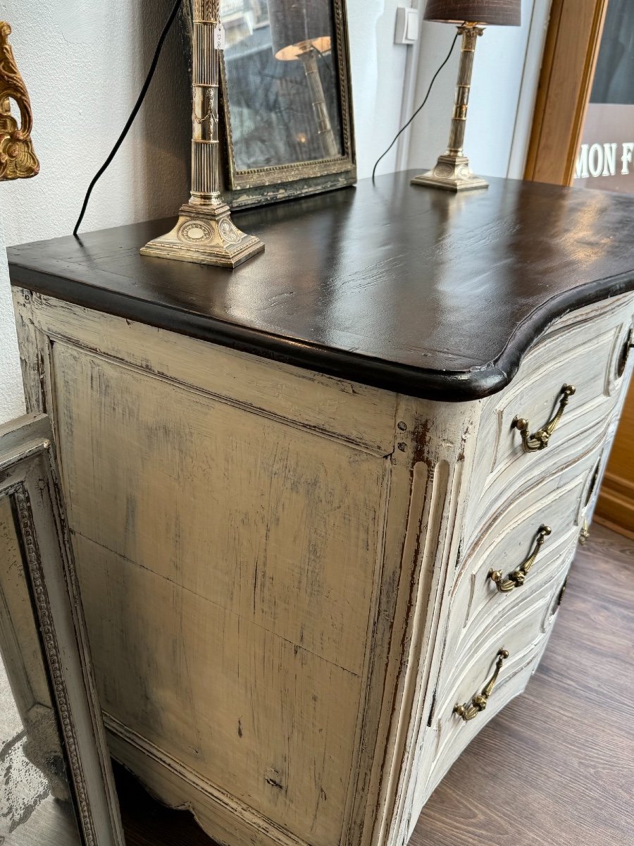 Old Louis XV Curved Commode From XVIII Eme Period Patinated In Rechampi Walnut Painted Furniture-photo-2