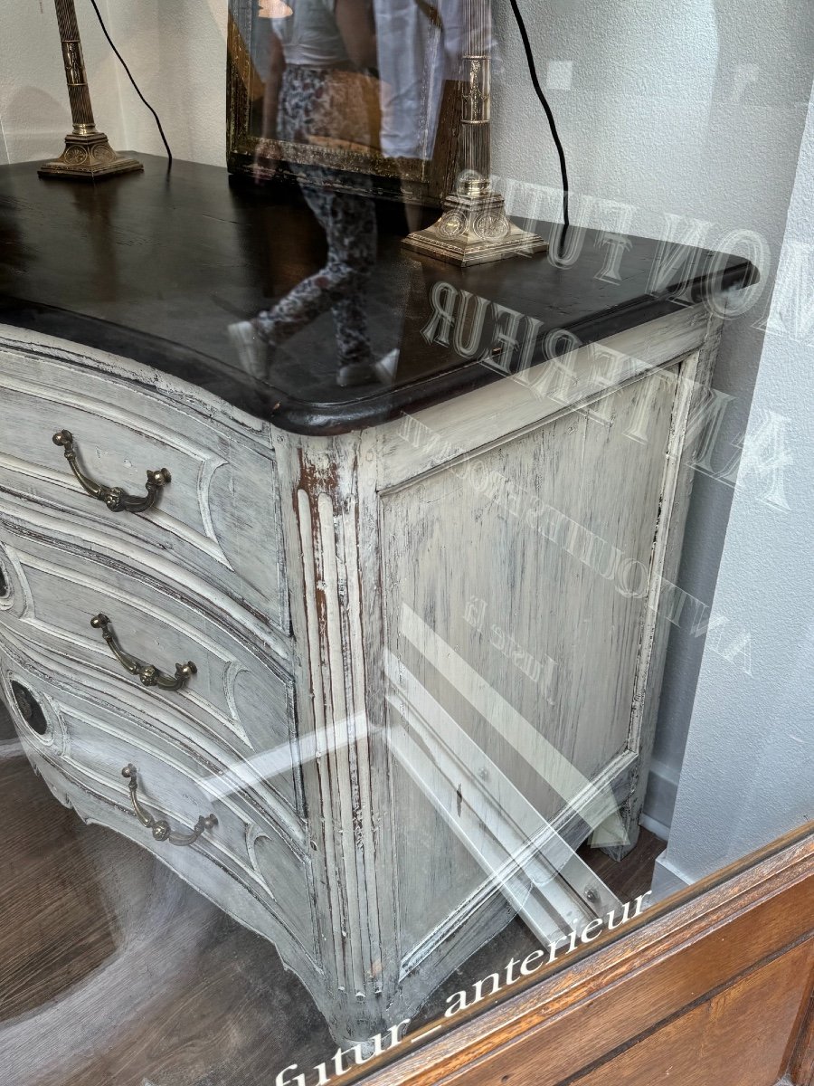 Old Louis XV Curved Commode From XVIII Eme Period Patinated In Rechampi Walnut Painted Furniture-photo-4