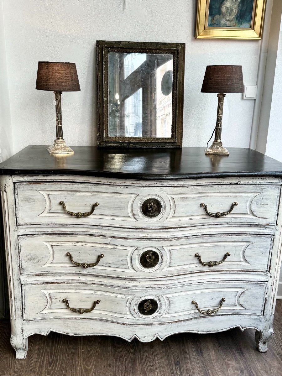 Old Louis XV Curved Commode From XVIII Eme Period Patinated In Rechampi Walnut Painted Furniture