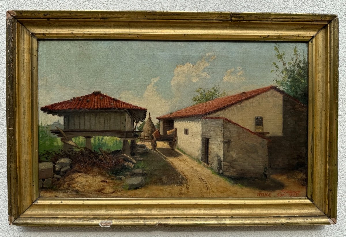 Old Small Oil Painting On Canvas Lyon A Farm 1885 Part S Leclercq Hst XIX