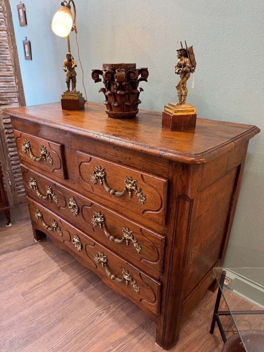 Antique Louis XIV Parisian Chest Of Drawers In Oak From The 18th Century Bronze Handle 4 Drawers