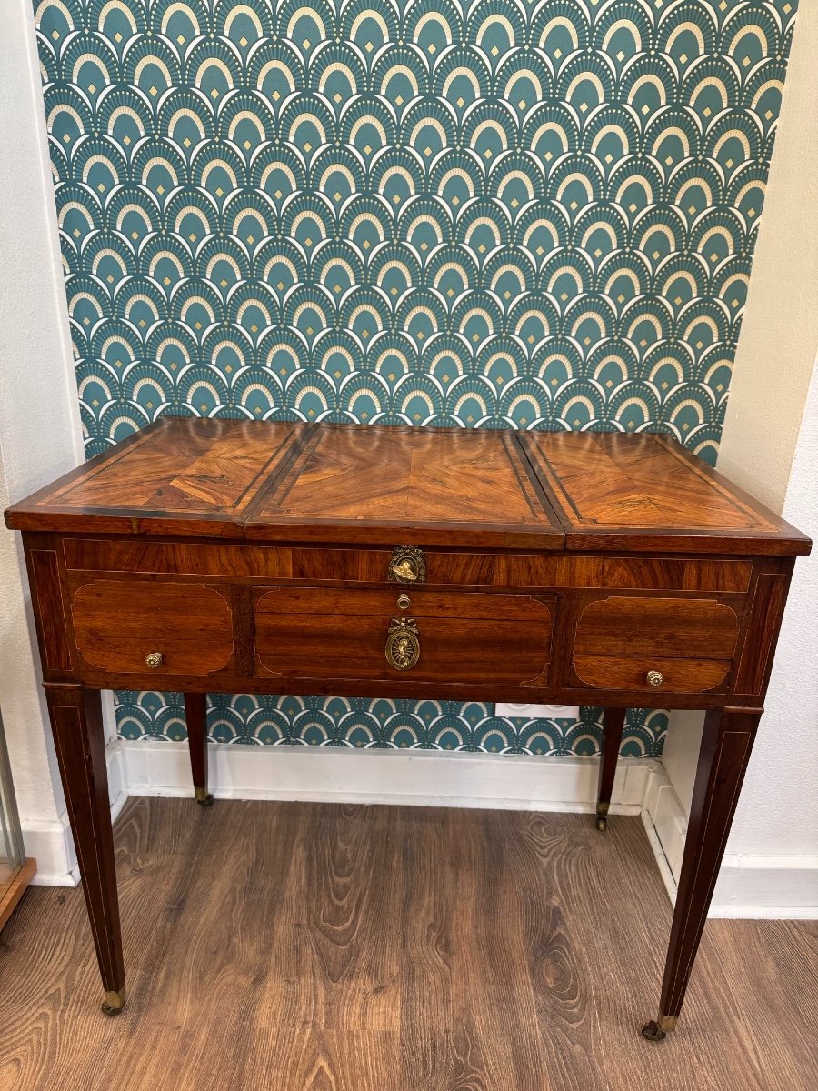 Ancienne Coiffeuse d' époque Louis XVI En Marqueterie . Fin XVIII ème Siècle console commode-photo-3