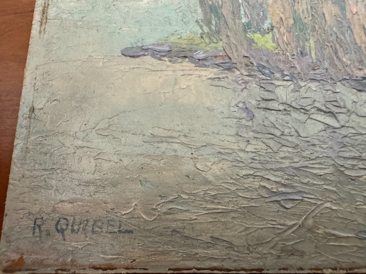 Old Oil Painting On Cardboard By Raymond Quibel Rouen School Seine Riverside Marine-photo-3