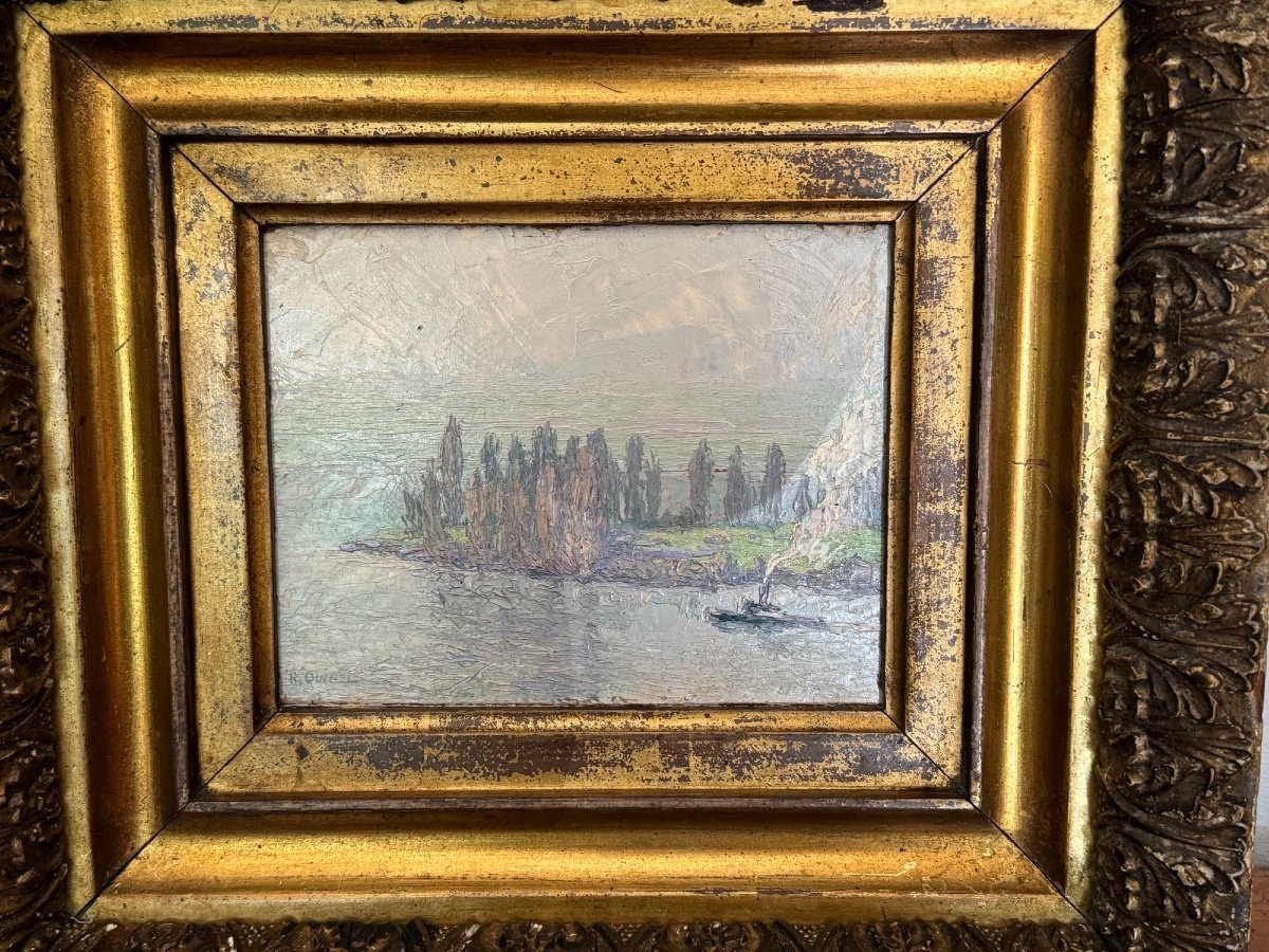 Old Oil Painting On Cardboard By Raymond Quibel Rouen School Seine Riverside Marine-photo-4