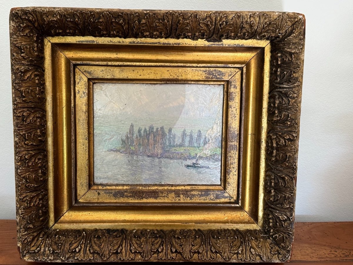 Old Oil Painting On Cardboard By Raymond Quibel Rouen School Seine Riverside Marine-photo-5