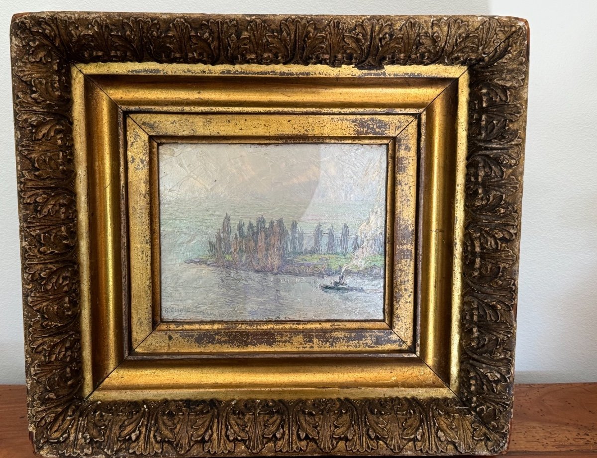 Old Oil Painting On Cardboard By Raymond Quibel Rouen School Seine Riverside Marine