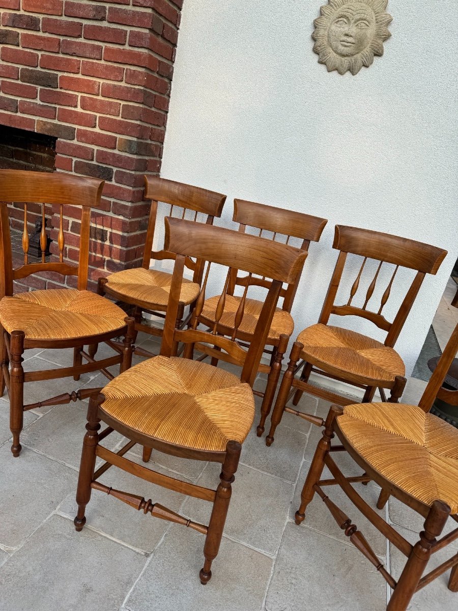 Set Of 6 Old Straw Chairs, 19th Century, Old Fruit Wood Chair -photo-2