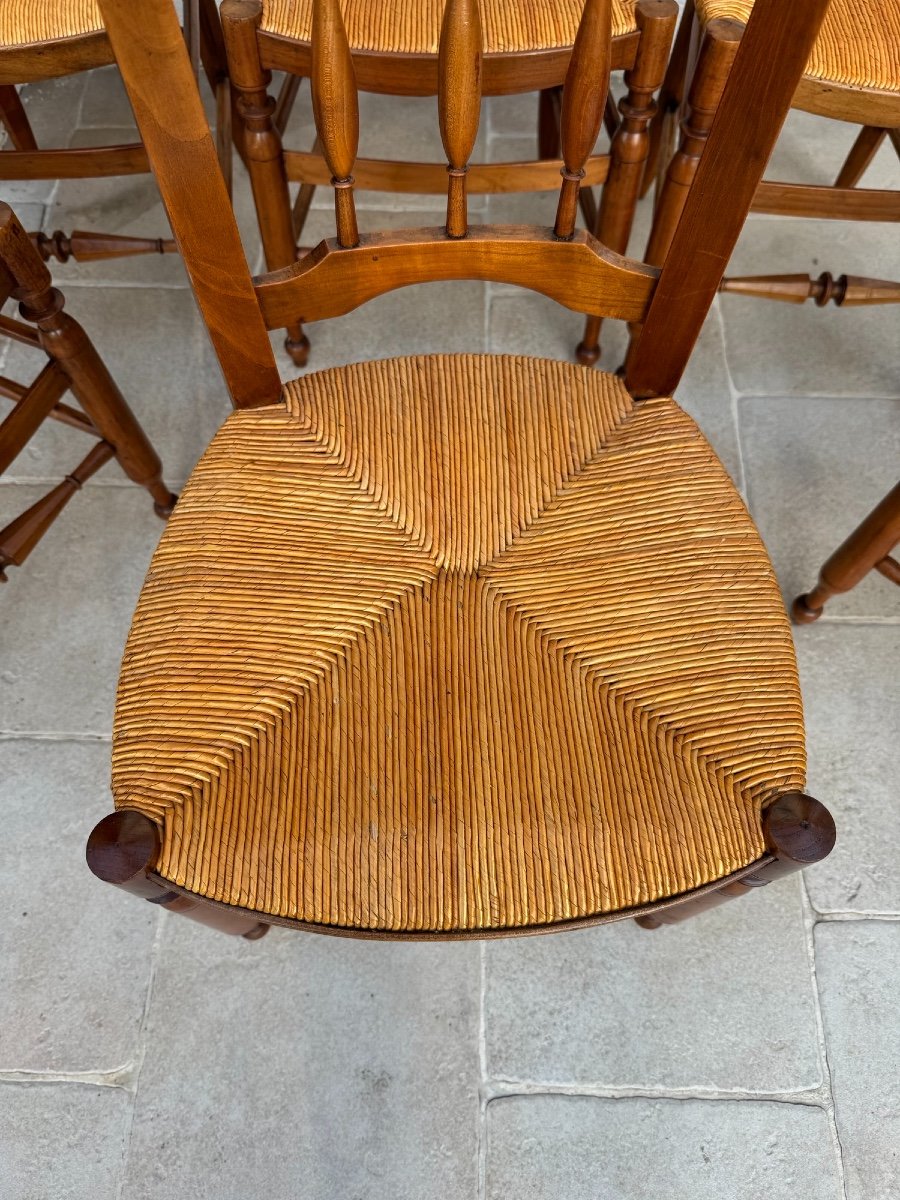 Set Of 6 Old Straw Chairs, 19th Century, Old Fruit Wood Chair -photo-3