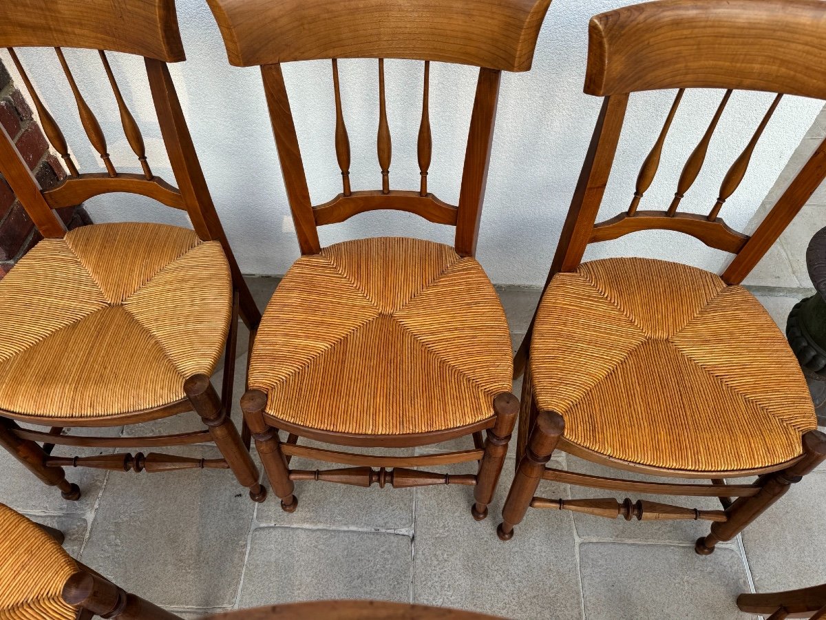 Set Of 6 Old Straw Chairs, 19th Century, Old Fruit Wood Chair -photo-4