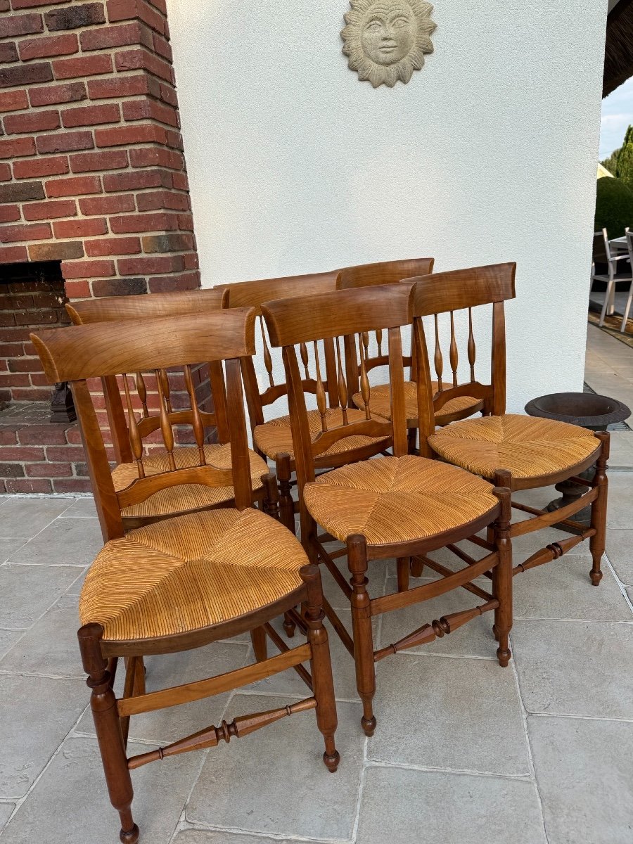 Set Of 6 Old Straw Chairs, 19th Century, Old Fruit Wood Chair -photo-1