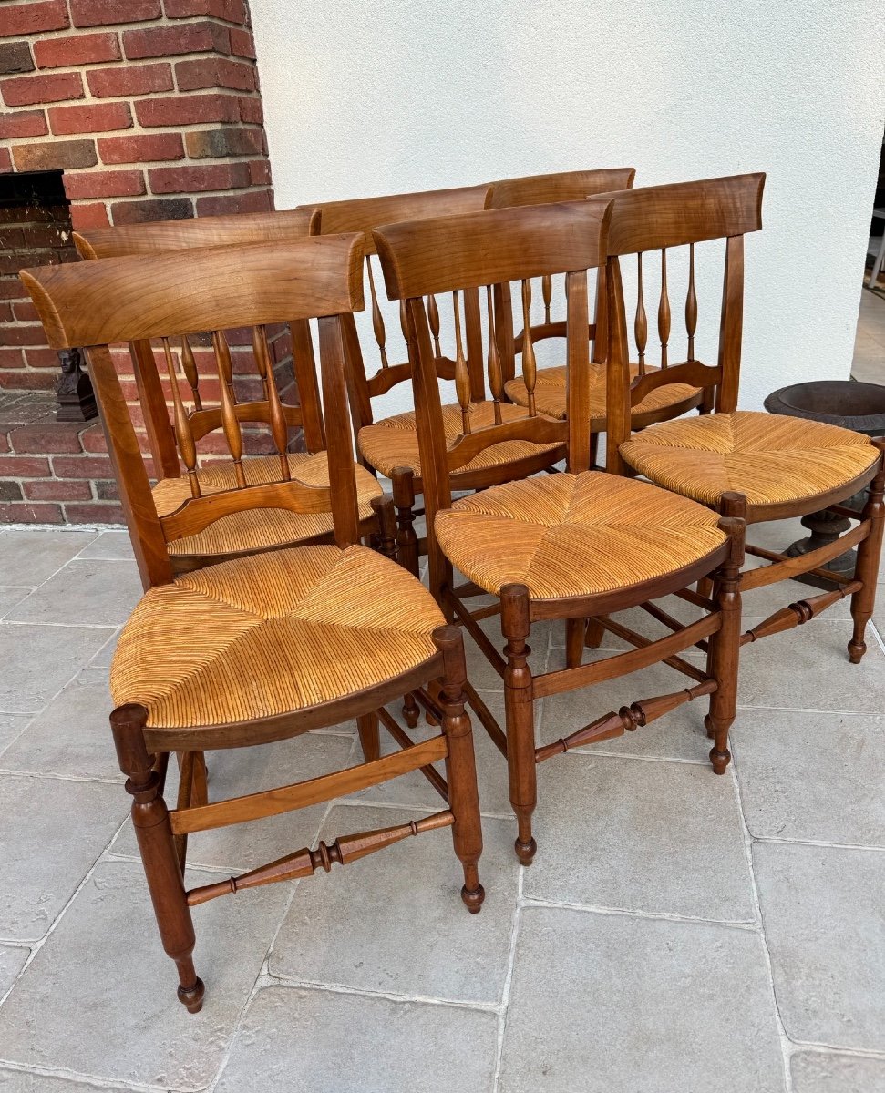 Set Of 6 Old Straw Chairs, 19th Century, Old Fruit Wood Chair 