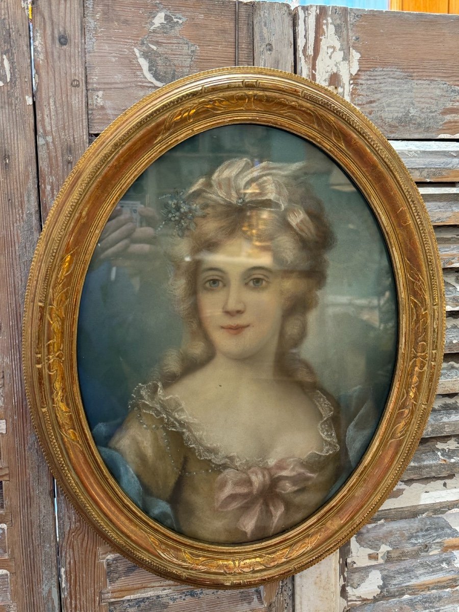  Tableau Ancien  Pastel : La Dame Au Noeud Rose Epoque XIX Eme Ds Le Gout Du XVIII ème Portrait