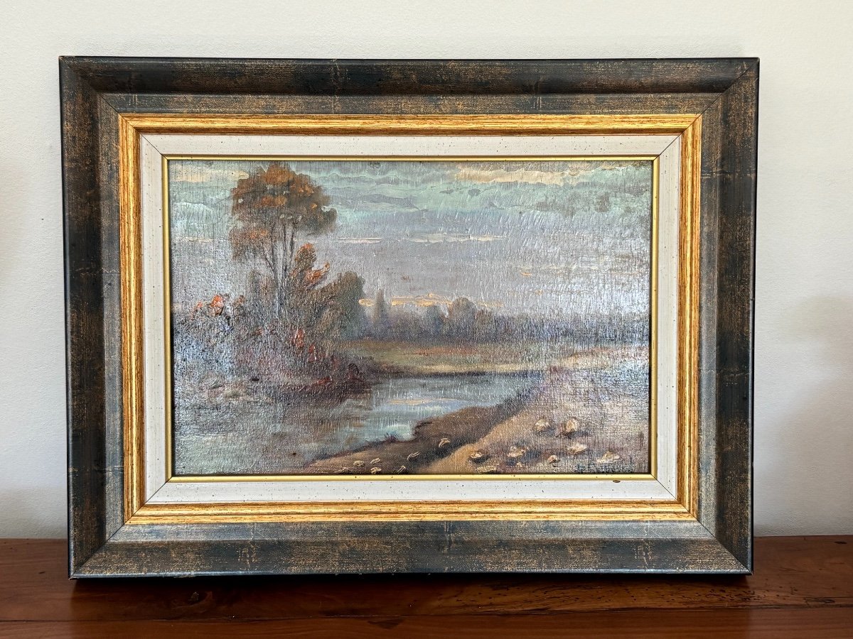 Ancien Tableau école De Rouen La Seine Par R Griboval XX Eme Huile Sur Panneau impressionniste-photo-1