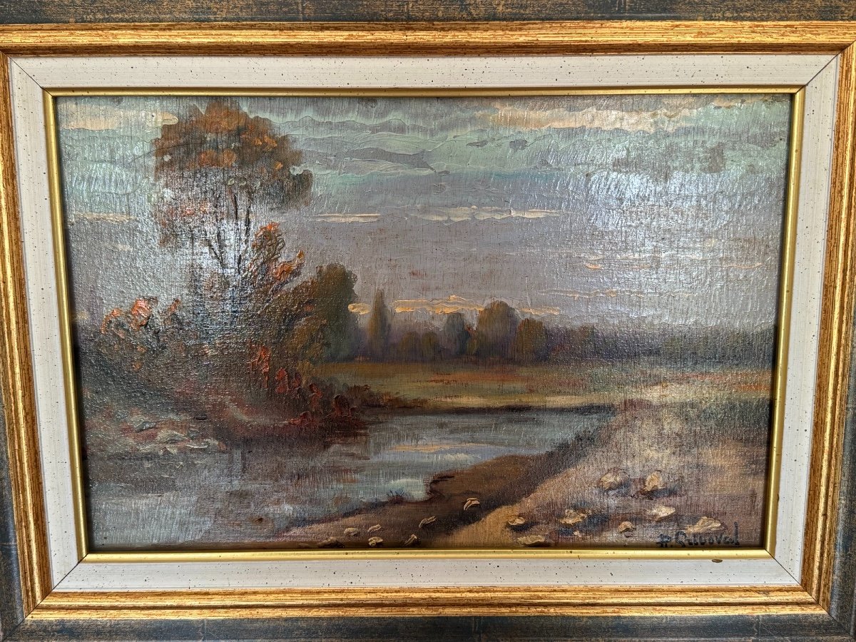 Ancien Tableau école De Rouen La Seine Par R Griboval XX Eme Huile Sur Panneau impressionniste-photo-2