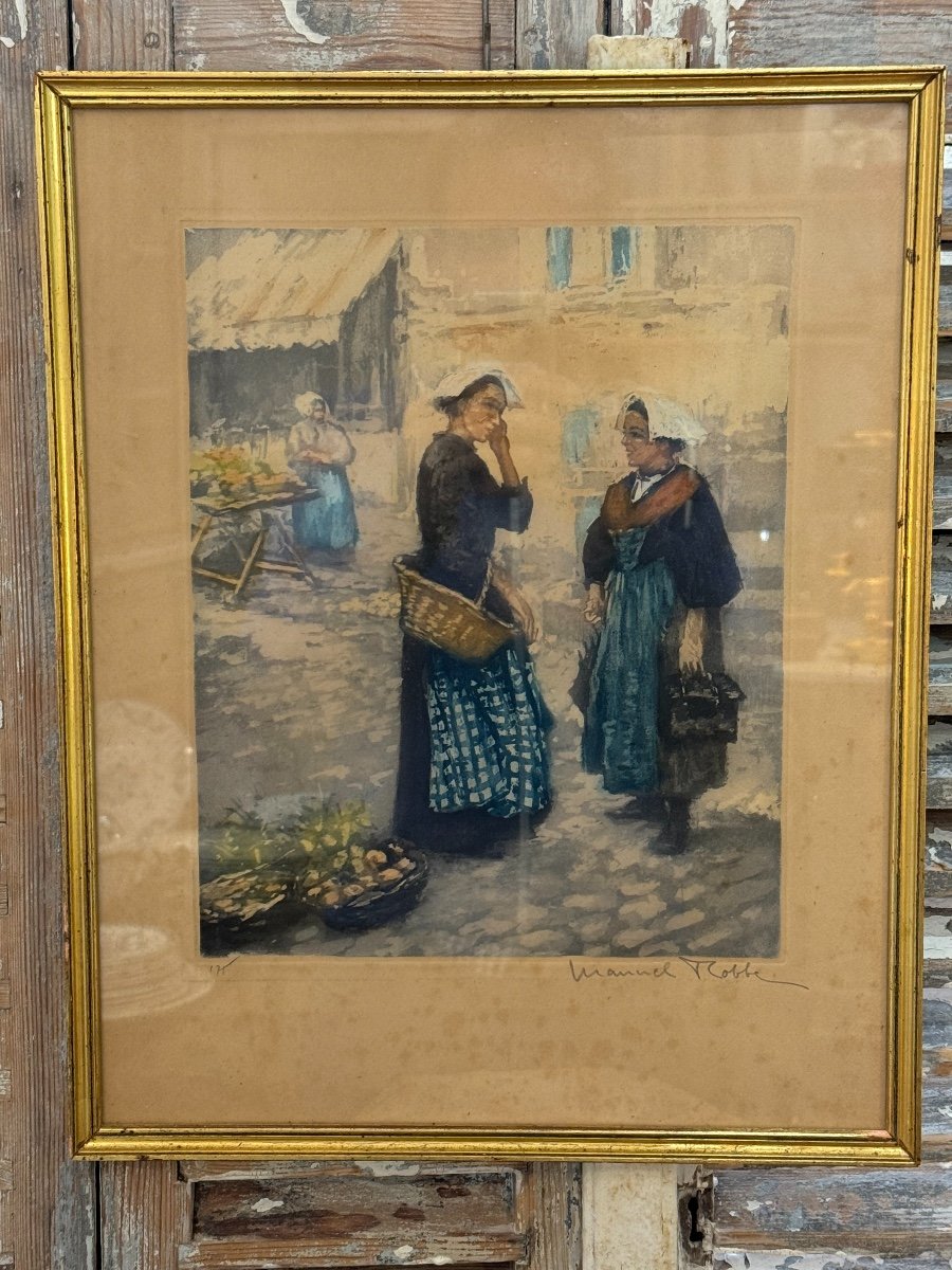 Old Aquatint Painting Breton Market By Manuel Robbe Early 20th Century Breton Marine-photo-2