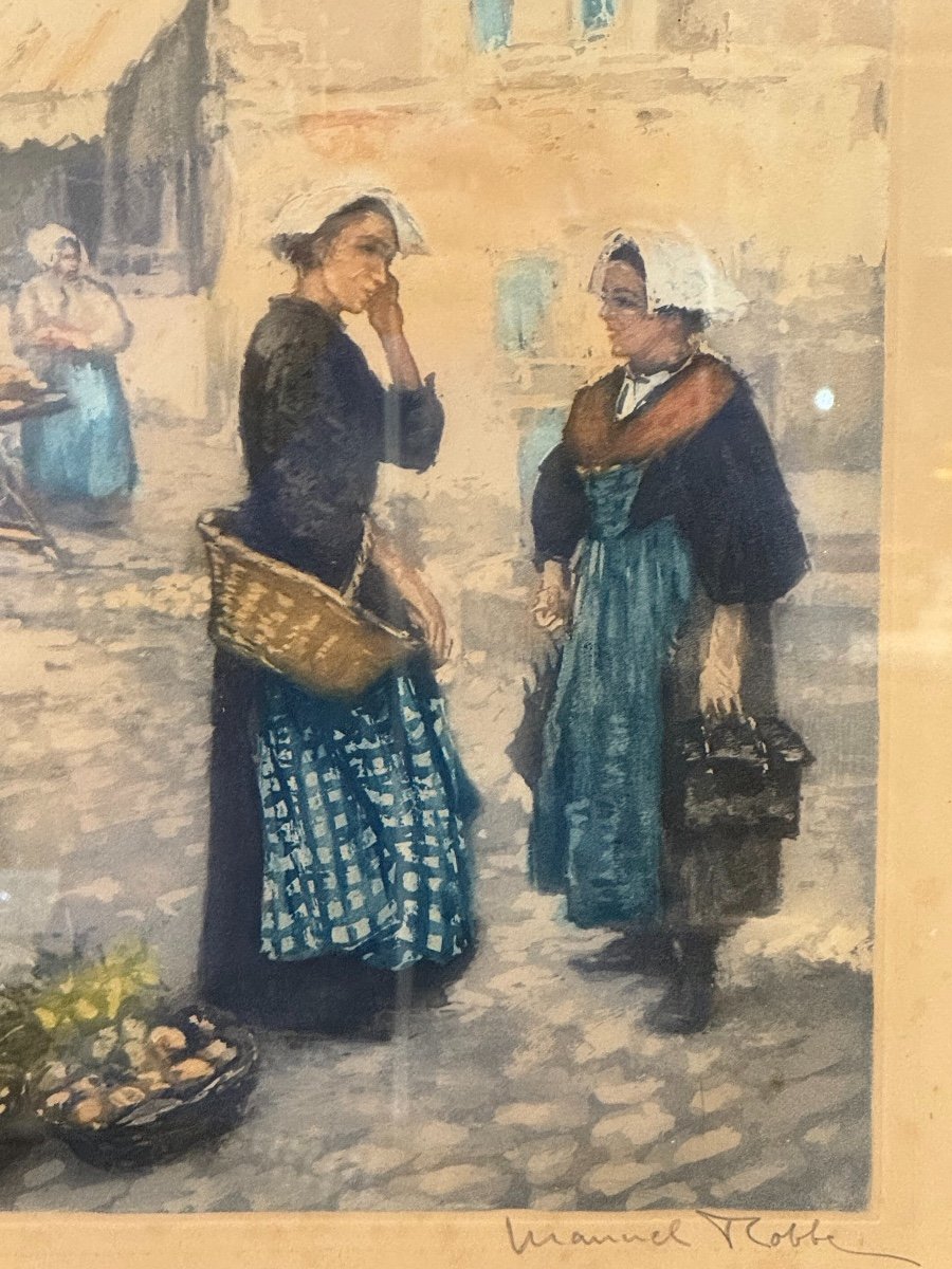 Ancien Tableau Aquatinte Marché Breton Par Manuel Robbe Début XX Eme Marine Bretonne-photo-3