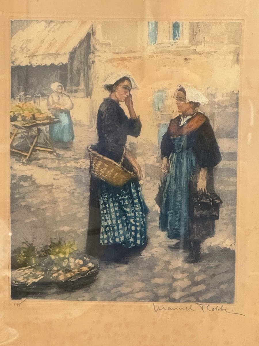 Old Aquatint Painting Breton Market By Manuel Robbe Early 20th Century Breton Marine-photo-4